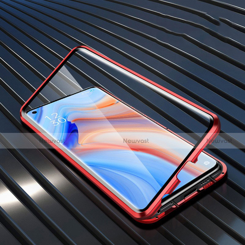 Luxury Aluminum Metal Frame Mirror Cover Case 360 Degrees T05 for Oppo Reno4 5G Red