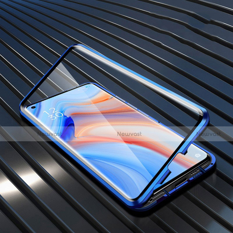 Luxury Aluminum Metal Frame Mirror Cover Case 360 Degrees T05 for Oppo Reno4 Pro 5G Blue