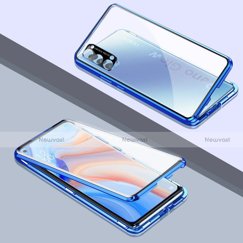 Luxury Aluminum Metal Frame Mirror Cover Case 360 Degrees T06 for Oppo Reno4 5G Blue