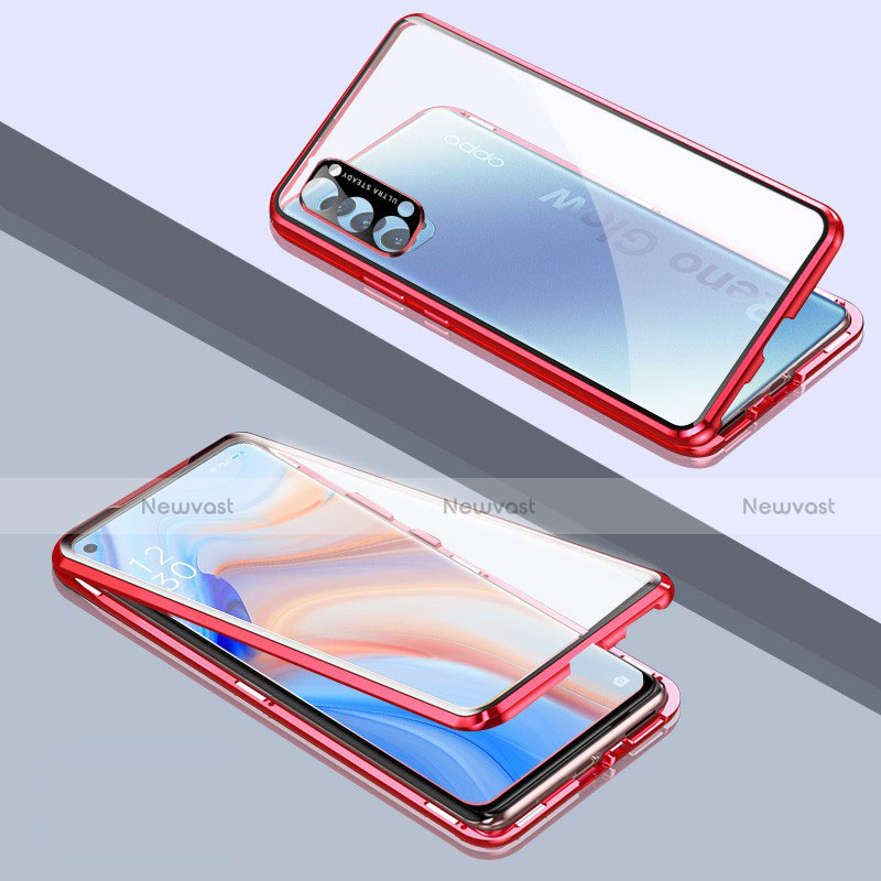 Luxury Aluminum Metal Frame Mirror Cover Case 360 Degrees T06 for Oppo Reno4 Pro 5G Red