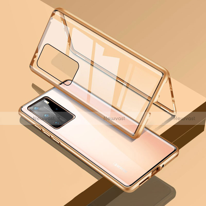 Luxury Aluminum Metal Frame Mirror Cover Case 360 Degrees T09 for Huawei P40 Pro Gold