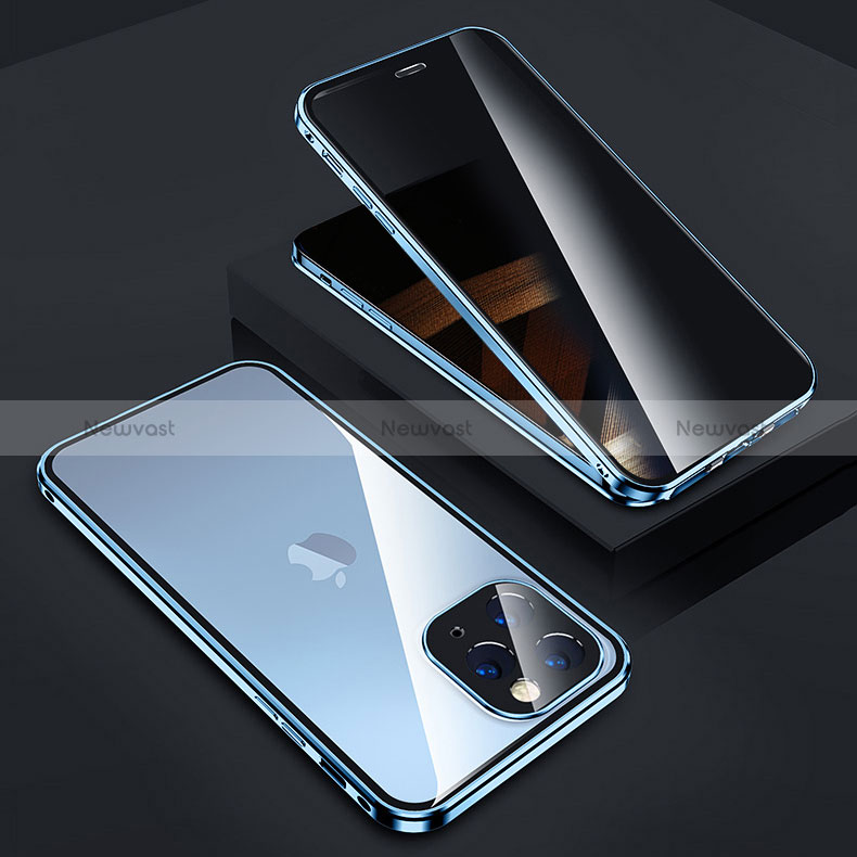 Luxury Aluminum Metal Frame Mirror Cover Case 360 Degrees Z05 for Apple iPhone 14 Pro Max Blue