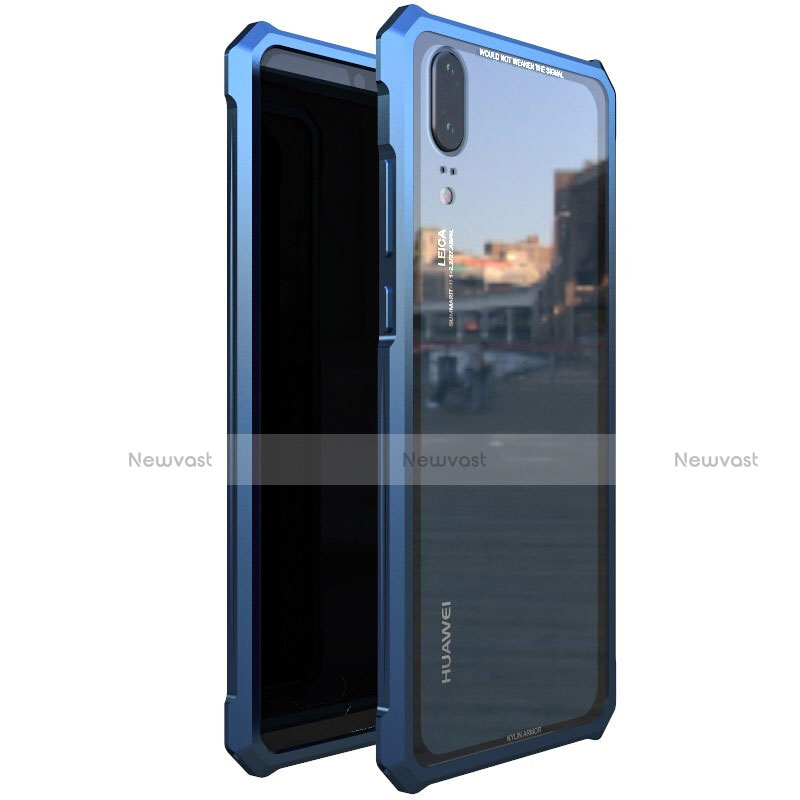 Luxury Aluminum Metal Frame Mirror Cover Case for Huawei P20 Blue