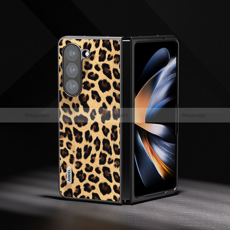 Luxury Leather Matte Finish and Plastic Back Cover Case A02D for Samsung Galaxy Z Fold5 5G Light Brown