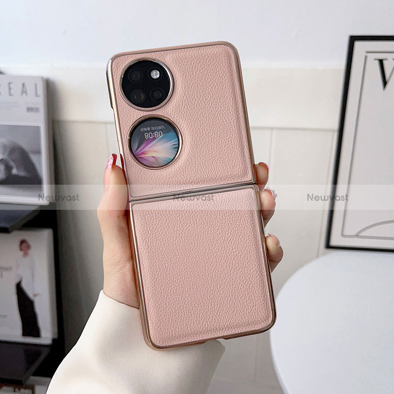 Luxury Leather Matte Finish and Plastic Back Cover Case B01H for Huawei P50 Pocket Rose Gold