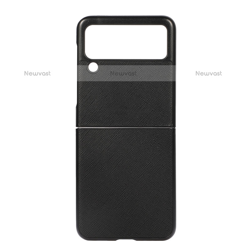 Luxury Leather Matte Finish and Plastic Back Cover Case B02 for Samsung Galaxy Z Flip3 5G Black