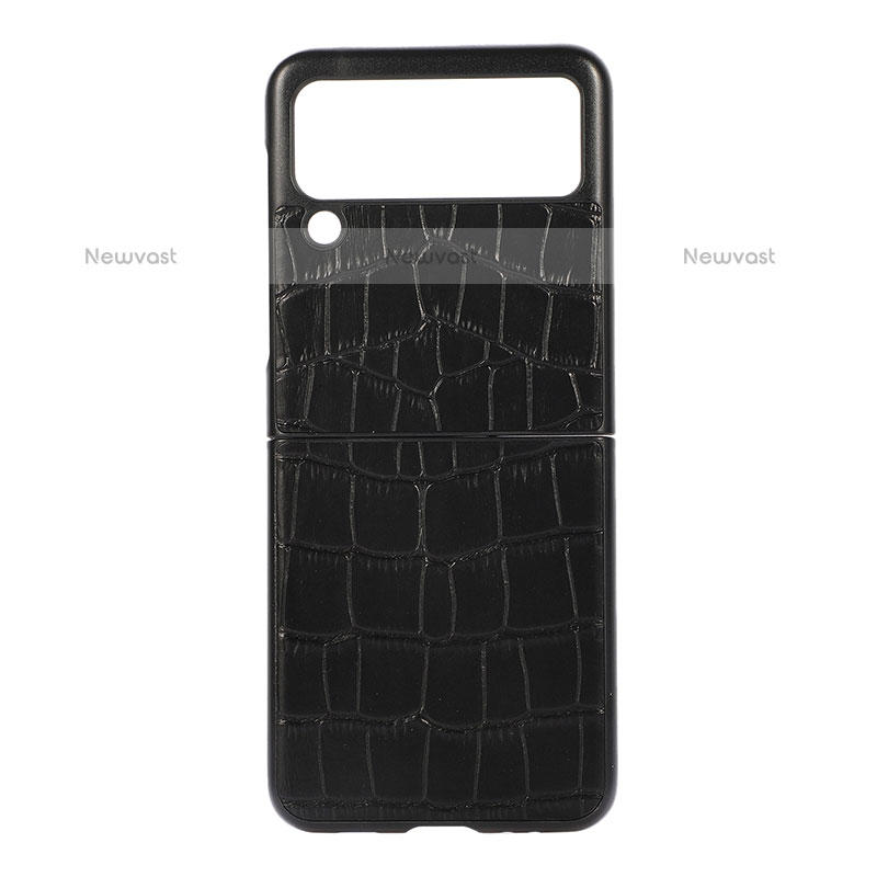 Luxury Leather Matte Finish and Plastic Back Cover Case B05 for Samsung Galaxy Z Flip3 5G Black