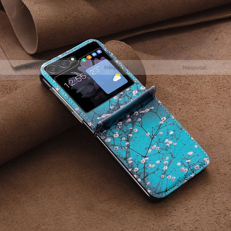 Luxury Leather Matte Finish and Plastic Back Cover Case BF2 for Samsung Galaxy Z Flip5 5G Cyan