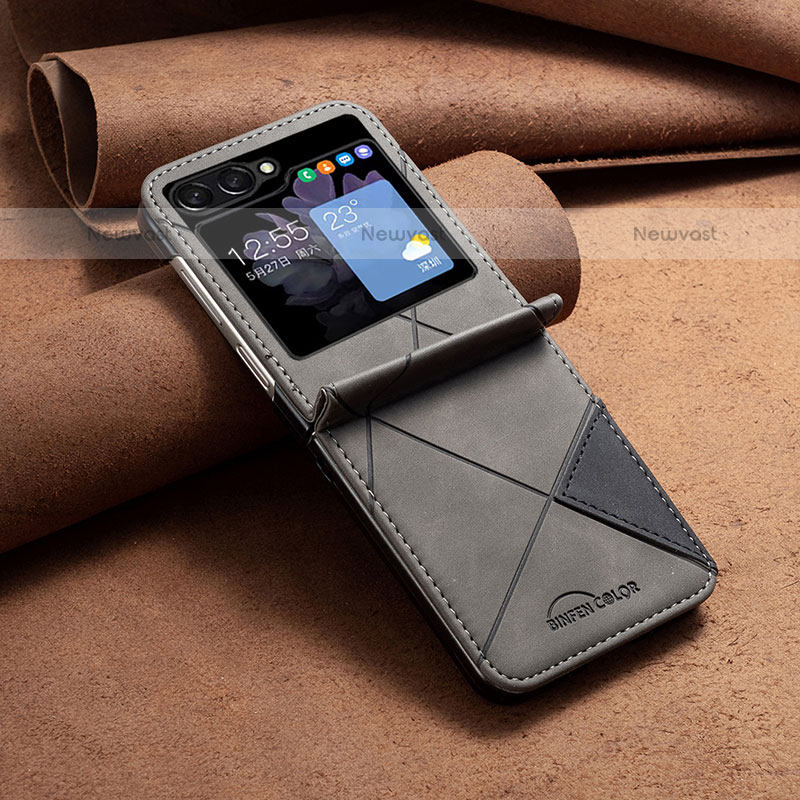 Luxury Leather Matte Finish and Plastic Back Cover Case BF4 for Samsung Galaxy Z Flip5 5G Gray