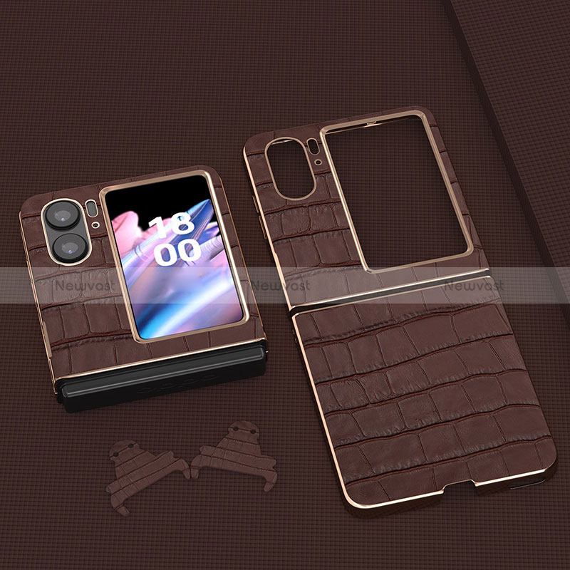 Luxury Leather Matte Finish and Plastic Back Cover Case BH12 for Oppo Find N2 Flip 5G Brown