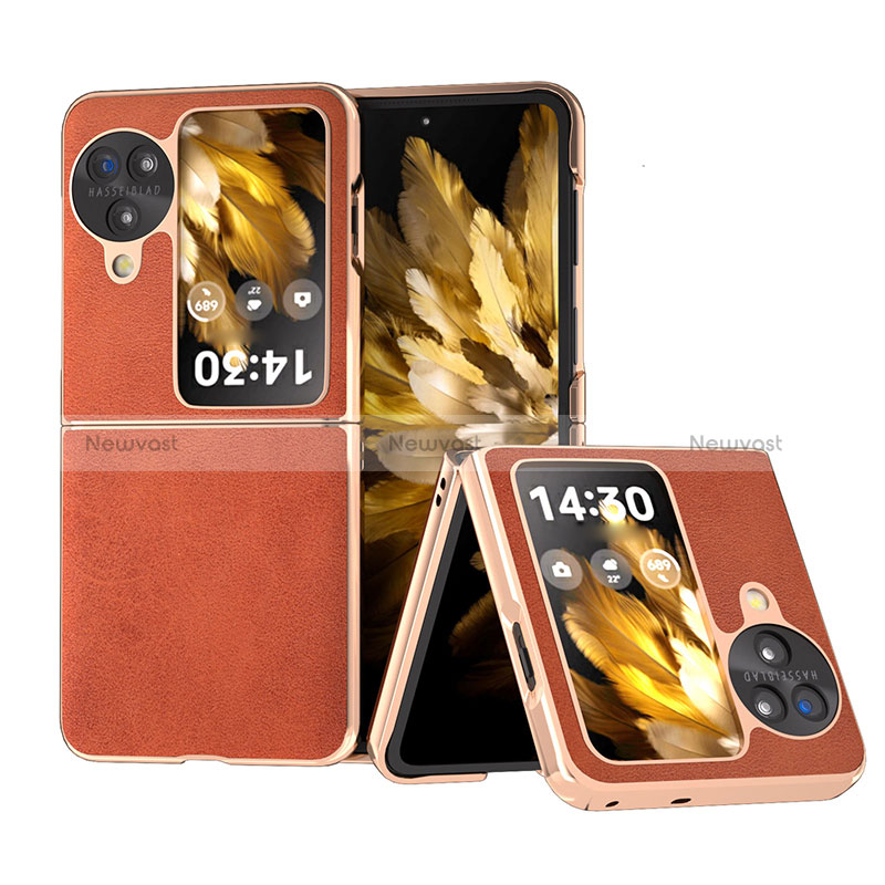 Luxury Leather Matte Finish and Plastic Back Cover Case BH13 for Oppo Find N3 Flip 5G Brown