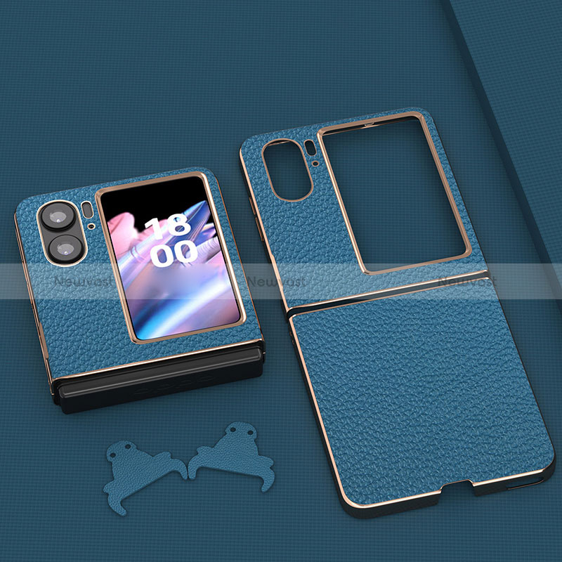 Luxury Leather Matte Finish and Plastic Back Cover Case BH14 for Oppo Find N2 Flip 5G Blue