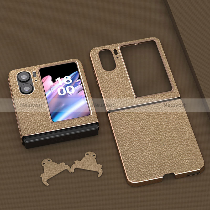 Luxury Leather Matte Finish and Plastic Back Cover Case BH14 for Oppo Find N2 Flip 5G Gold