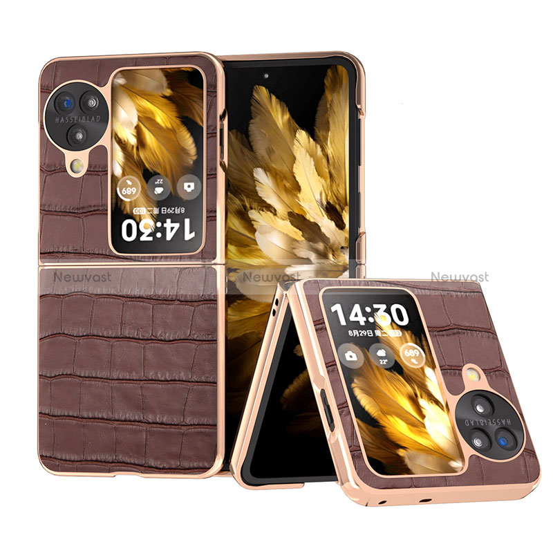 Luxury Leather Matte Finish and Plastic Back Cover Case BH19 for Oppo Find N3 Flip 5G Brown