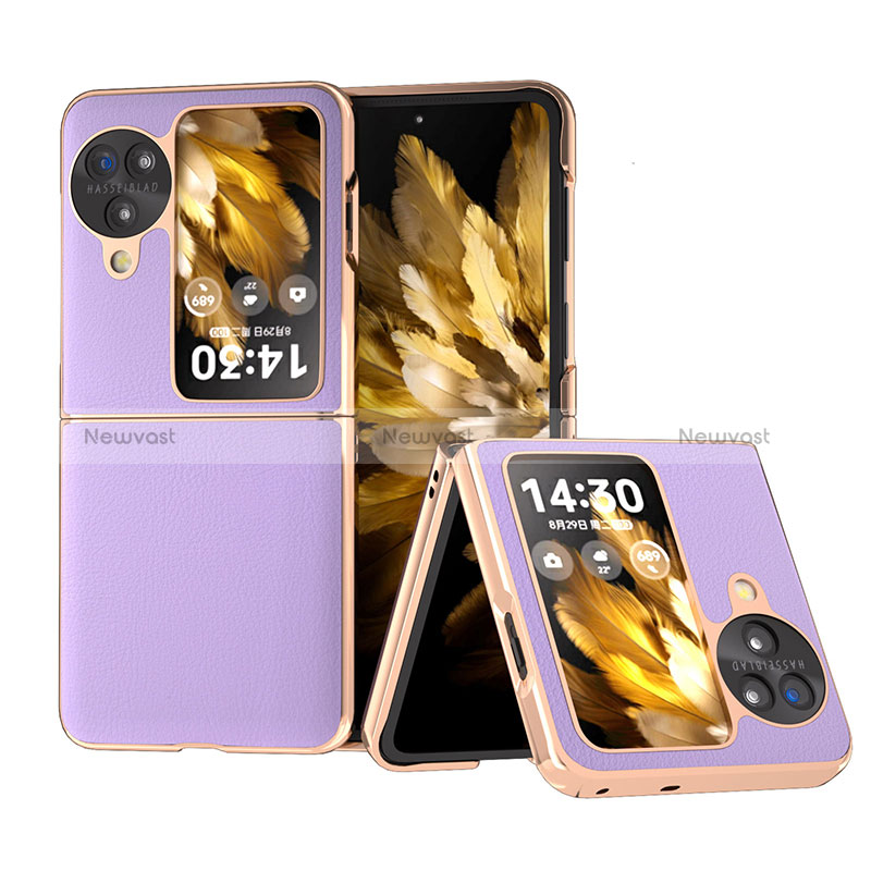 Luxury Leather Matte Finish and Plastic Back Cover Case BH25 for Oppo Find N3 Flip 5G Purple