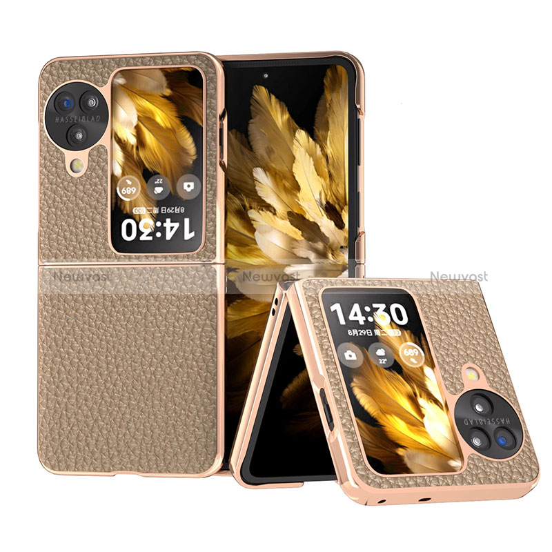 Luxury Leather Matte Finish and Plastic Back Cover Case BH28 for Oppo Find N3 Flip 5G Khaki