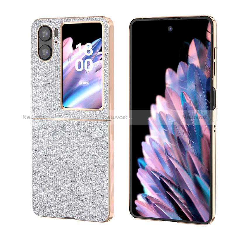 Luxury Leather Matte Finish and Plastic Back Cover Case BH3 for Oppo Find N2 Flip 5G Silver