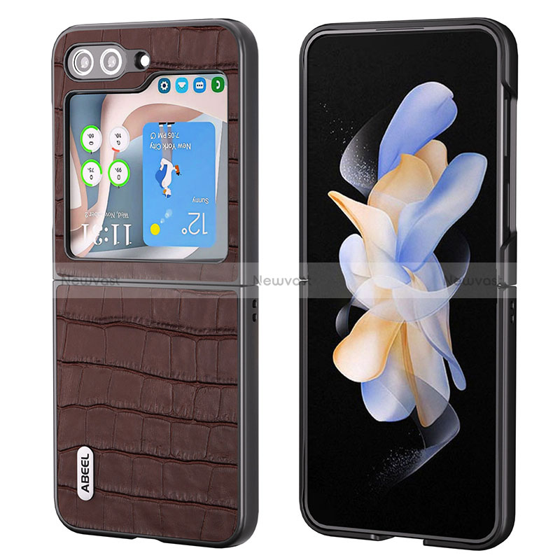 Luxury Leather Matte Finish and Plastic Back Cover Case BH8 for Samsung Galaxy Z Flip5 5G Brown