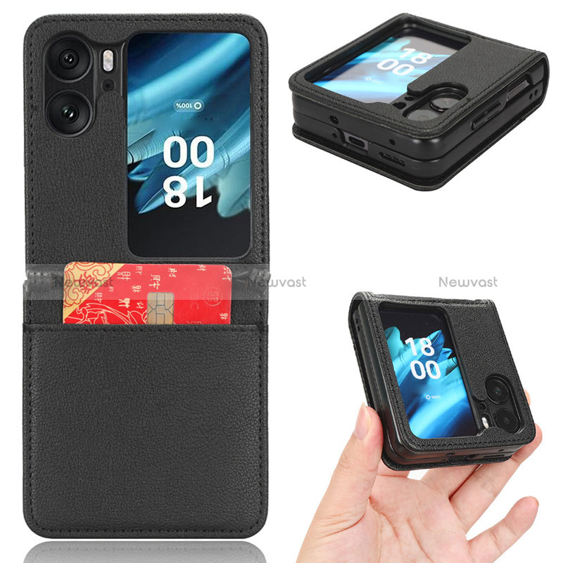 Luxury Leather Matte Finish and Plastic Back Cover Case BY2 for Oppo Find N2 Flip 5G Black