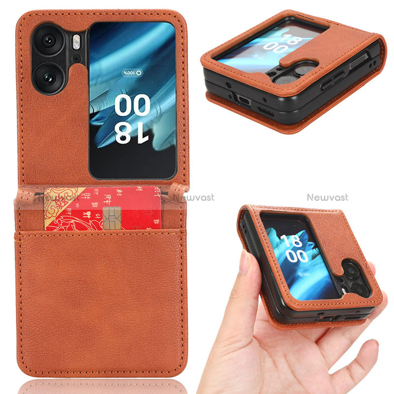 Luxury Leather Matte Finish and Plastic Back Cover Case BY2 for Oppo Find N2 Flip 5G Brown
