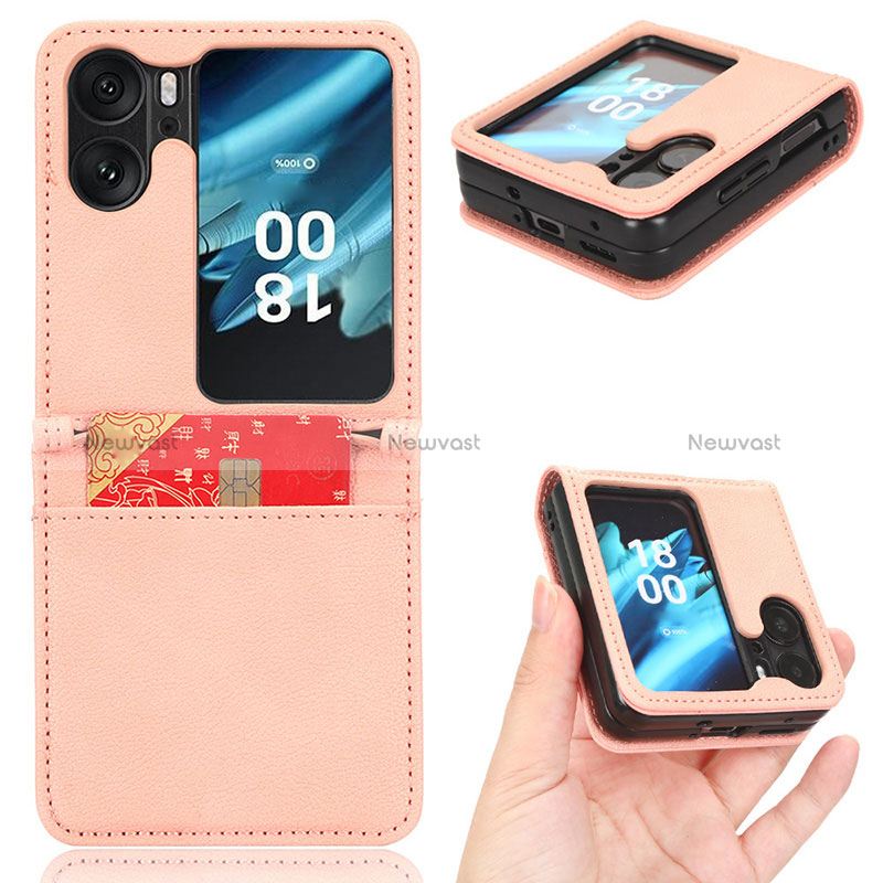 Luxury Leather Matte Finish and Plastic Back Cover Case BY2 for Oppo Find N2 Flip 5G Pink
