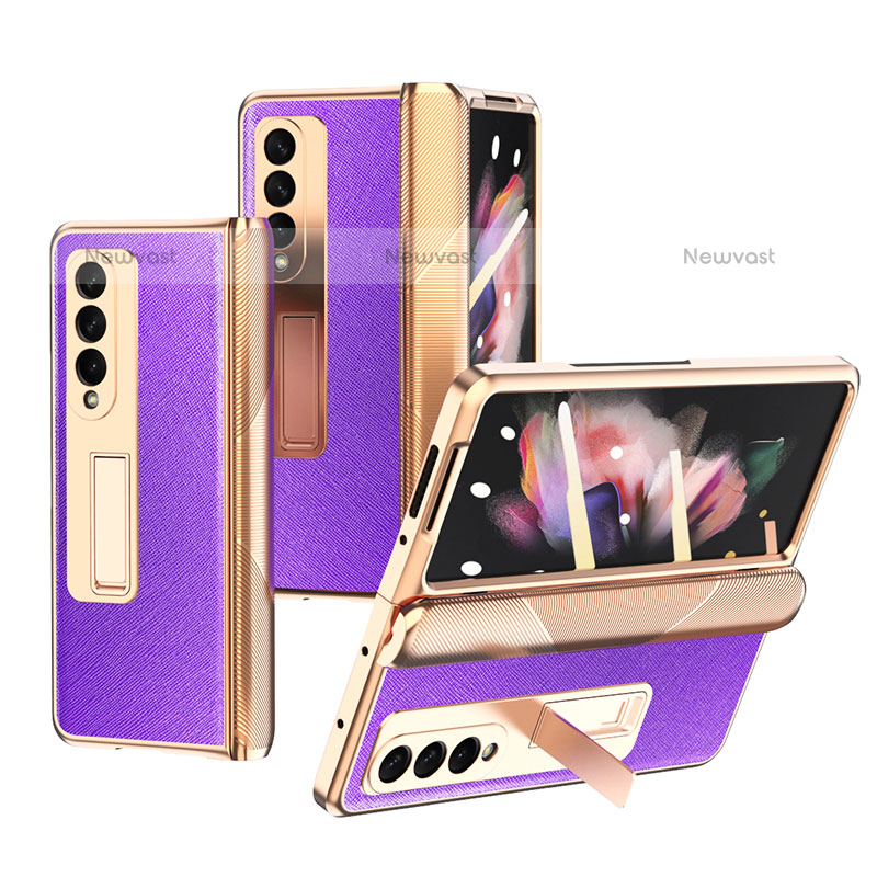 Luxury Leather Matte Finish and Plastic Back Cover Case C01 for Samsung Galaxy Z Fold3 5G Purple