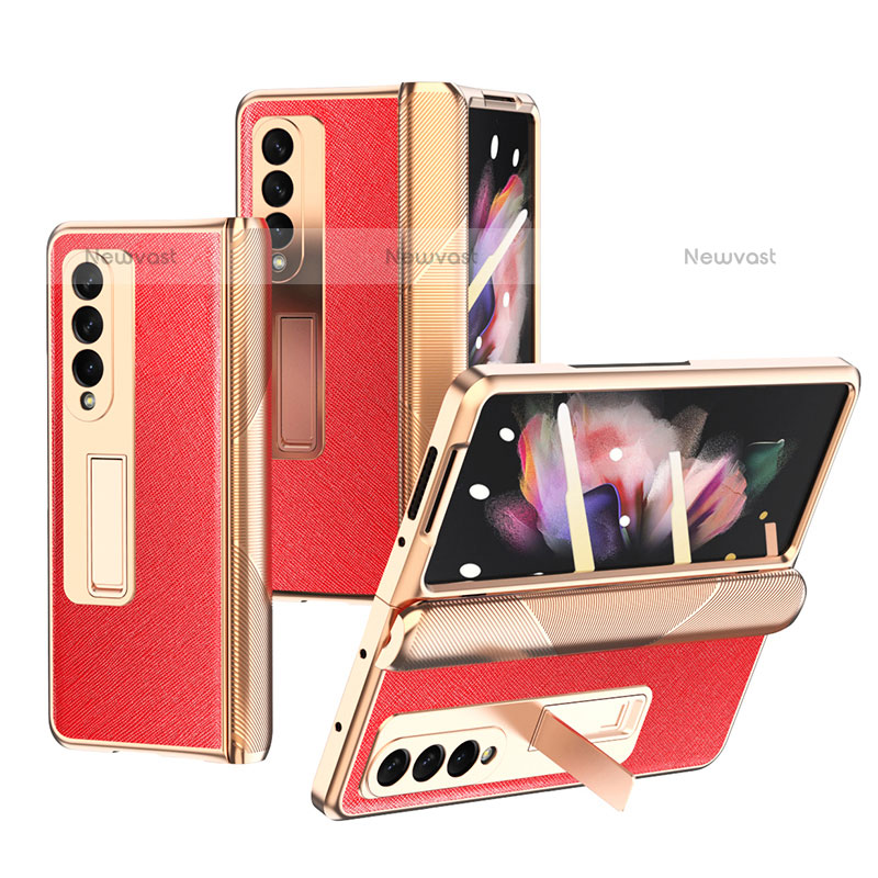 Luxury Leather Matte Finish and Plastic Back Cover Case C01 for Samsung Galaxy Z Fold3 5G Red