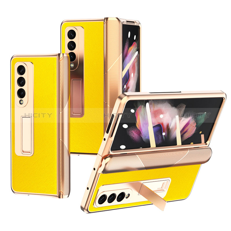 Luxury Leather Matte Finish and Plastic Back Cover Case C01 for Samsung Galaxy Z Fold4 5G Yellow