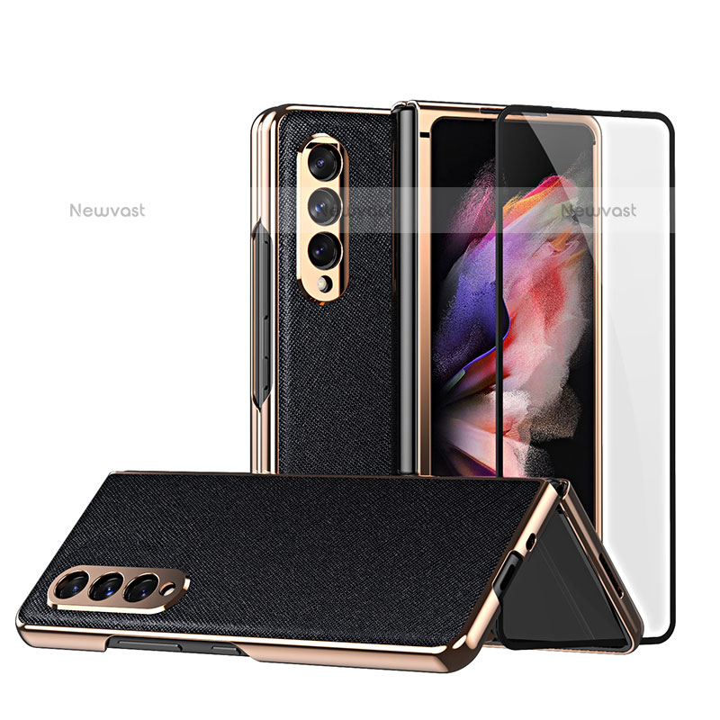 Luxury Leather Matte Finish and Plastic Back Cover Case C02 for Samsung Galaxy Z Fold3 5G Black