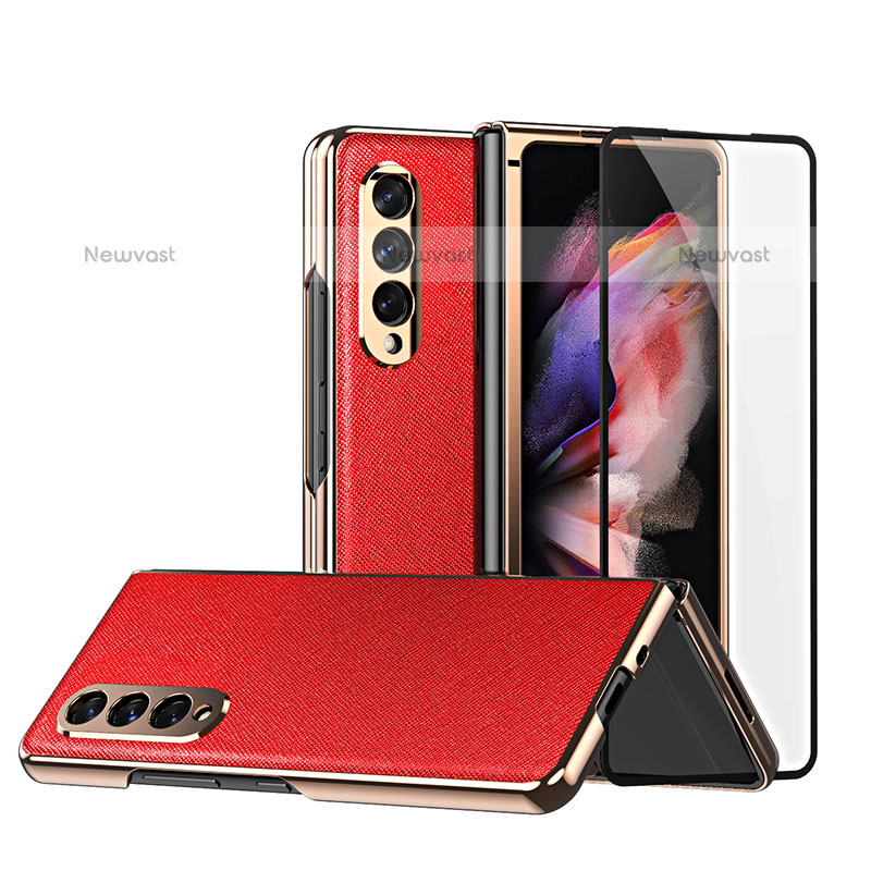 Luxury Leather Matte Finish and Plastic Back Cover Case C02 for Samsung Galaxy Z Fold3 5G Red