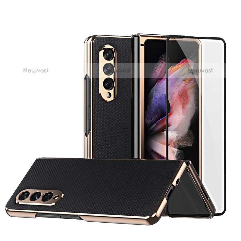 Luxury Leather Matte Finish and Plastic Back Cover Case C03 for Samsung Galaxy Z Fold3 5G Black