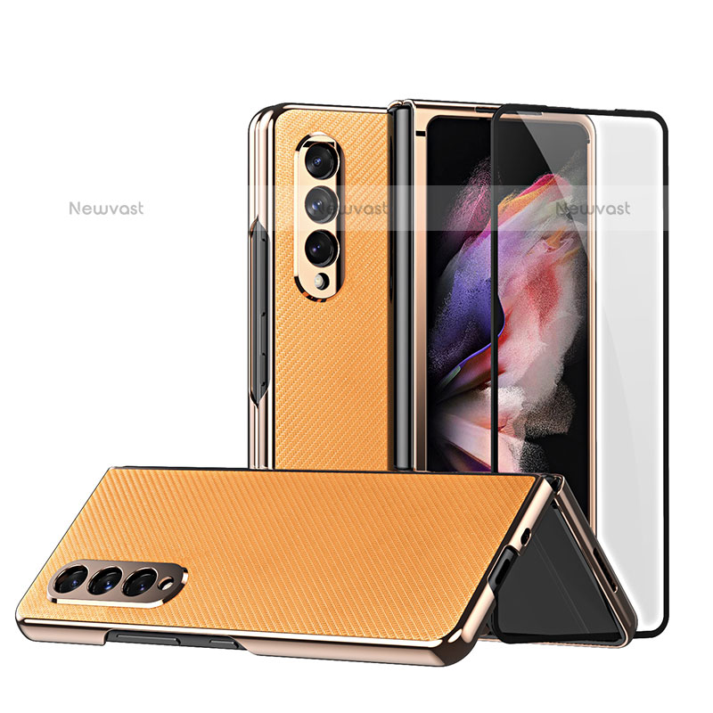 Luxury Leather Matte Finish and Plastic Back Cover Case C03 for Samsung Galaxy Z Fold3 5G Orange