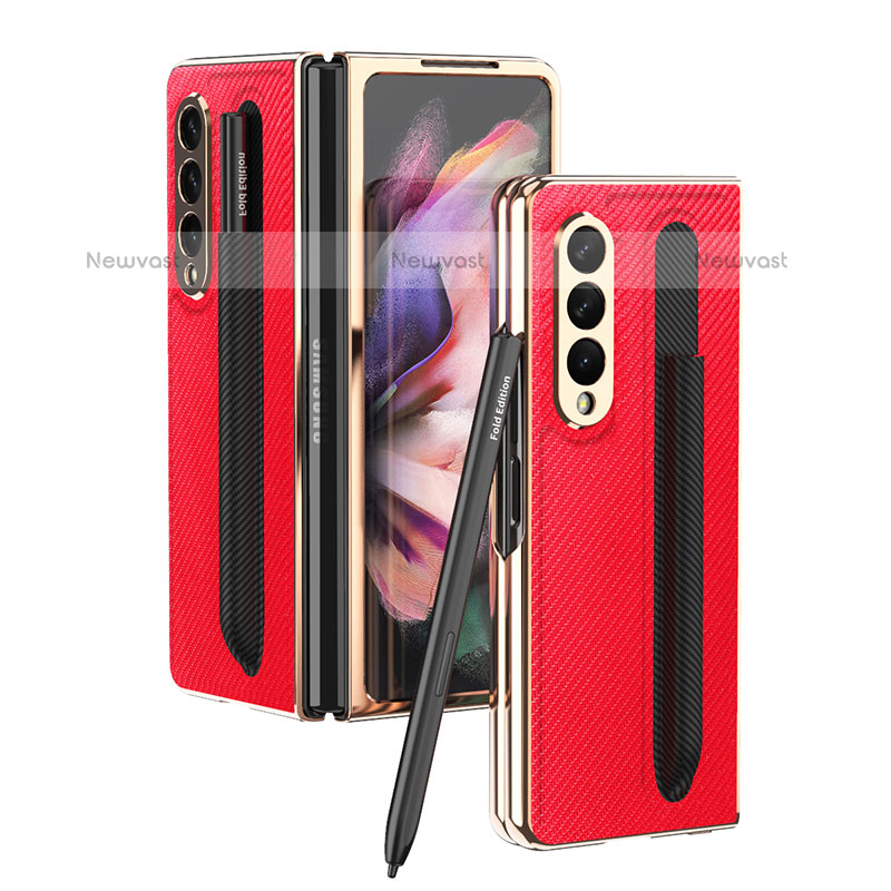 Luxury Leather Matte Finish and Plastic Back Cover Case C04 for Samsung Galaxy Z Fold3 5G Red