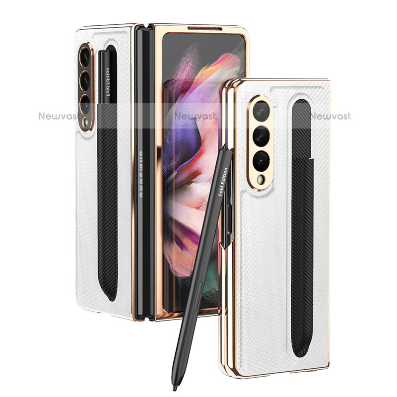 Luxury Leather Matte Finish and Plastic Back Cover Case C04 for Samsung Galaxy Z Fold3 5G White