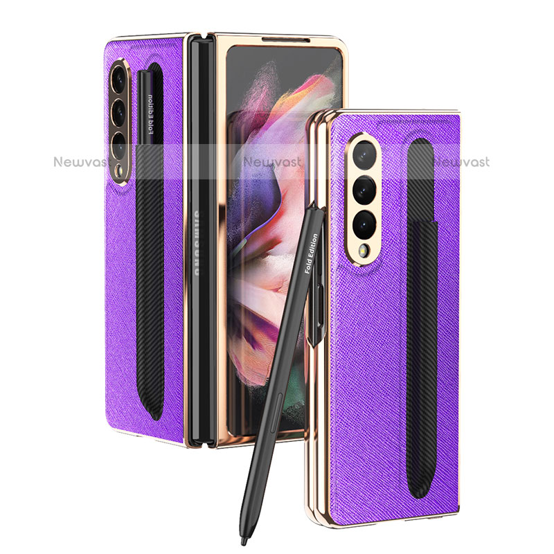 Luxury Leather Matte Finish and Plastic Back Cover Case C05 for Samsung Galaxy Z Fold3 5G Purple