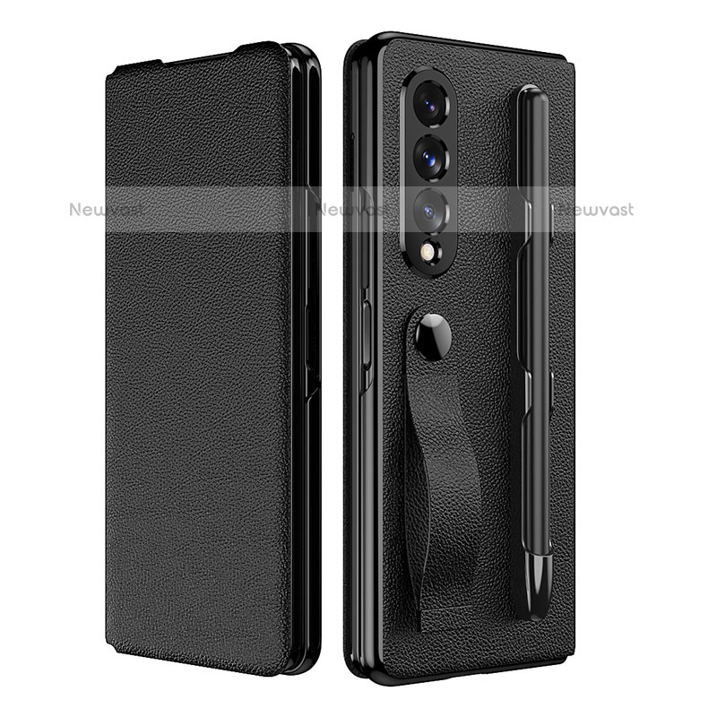 Luxury Leather Matte Finish and Plastic Back Cover Case C06 for Samsung Galaxy Z Fold3 5G Black