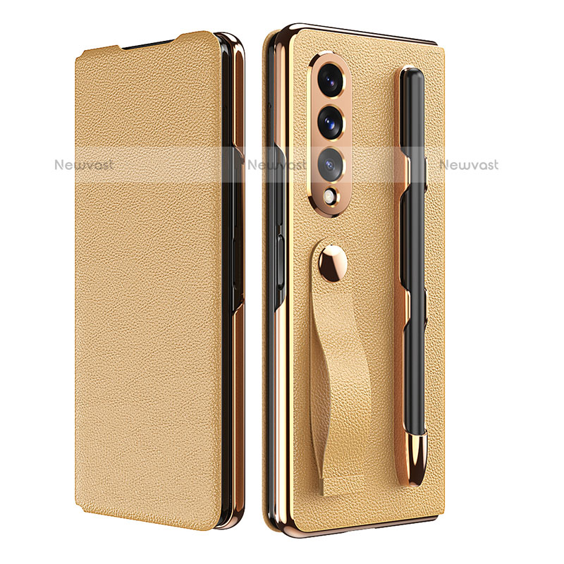 Luxury Leather Matte Finish and Plastic Back Cover Case C06 for Samsung Galaxy Z Fold3 5G Gold