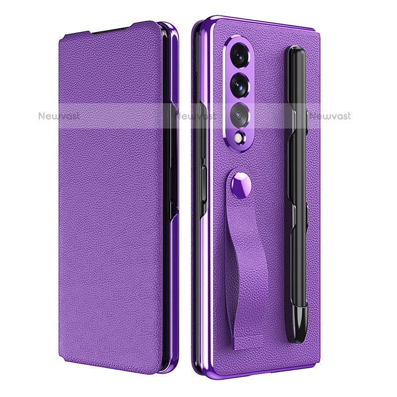 Luxury Leather Matte Finish and Plastic Back Cover Case C06 for Samsung Galaxy Z Fold3 5G Purple