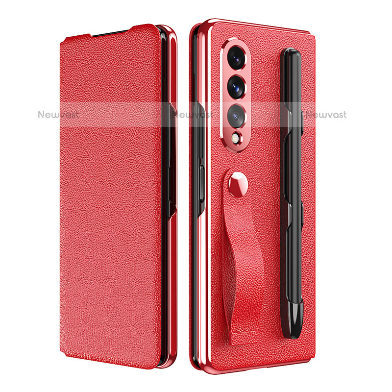 Luxury Leather Matte Finish and Plastic Back Cover Case C06 for Samsung Galaxy Z Fold3 5G Red