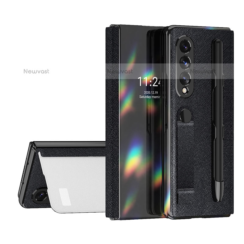 Luxury Leather Matte Finish and Plastic Back Cover Case C07 for Samsung Galaxy Z Fold3 5G Black