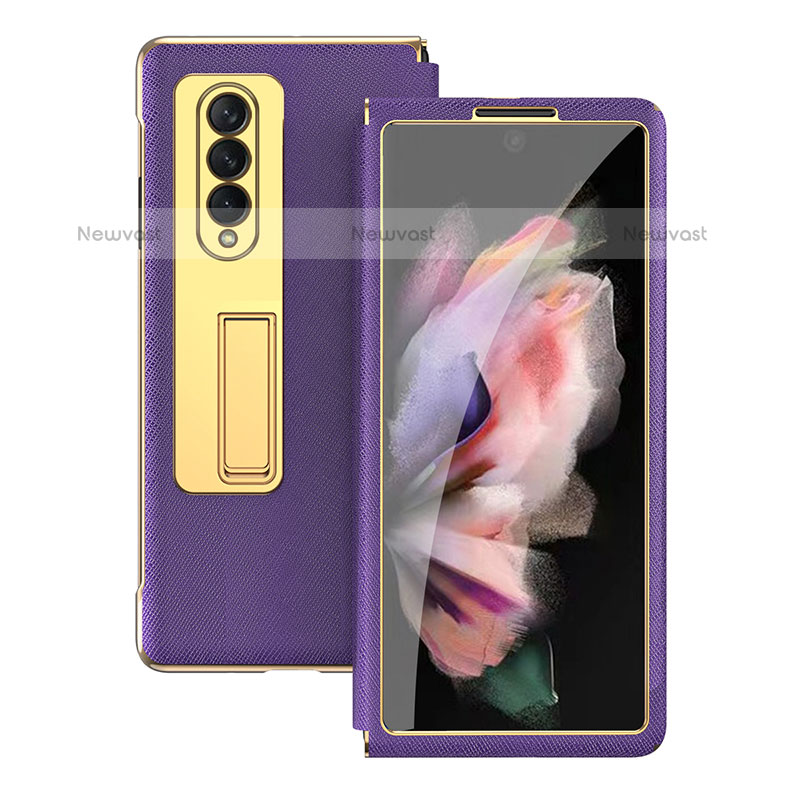 Luxury Leather Matte Finish and Plastic Back Cover Case C08 for Samsung Galaxy Z Fold3 5G Purple