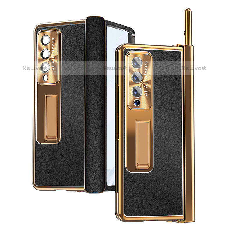 Luxury Leather Matte Finish and Plastic Back Cover Case C09 for Samsung Galaxy Z Fold3 5G Gold and Black