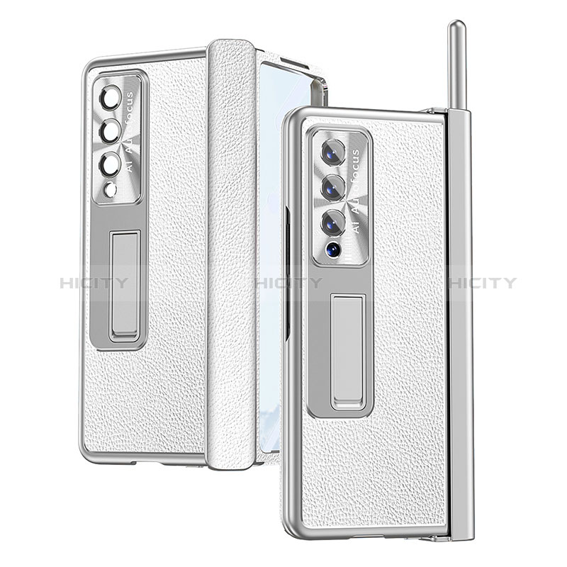 Luxury Leather Matte Finish and Plastic Back Cover Case C09 for Samsung Galaxy Z Fold4 5G Silver