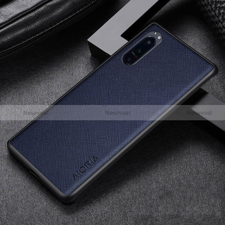 Luxury Leather Matte Finish and Plastic Back Cover Case for Sony Xperia 5 IV Blue