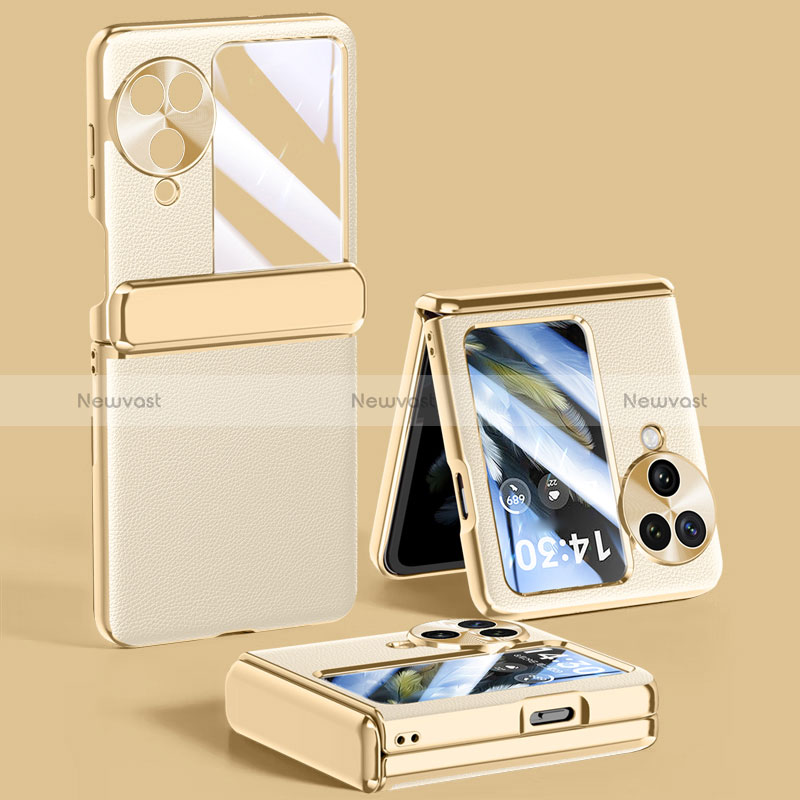 Luxury Leather Matte Finish and Plastic Back Cover Case GK1 for Oppo Find N3 Flip 5G Gold