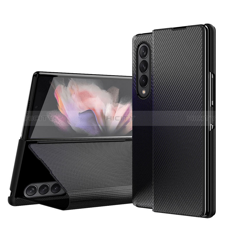 Luxury Leather Matte Finish and Plastic Back Cover Case H01 for Samsung Galaxy Z Fold4 5G Black