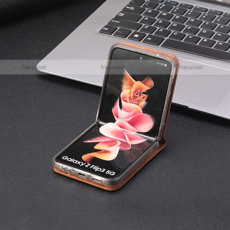 Luxury Leather Matte Finish and Plastic Back Cover Case H02 for Samsung Galaxy Z Flip3 5G