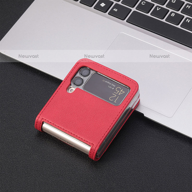 Luxury Leather Matte Finish and Plastic Back Cover Case H02 for Samsung Galaxy Z Flip3 5G Red