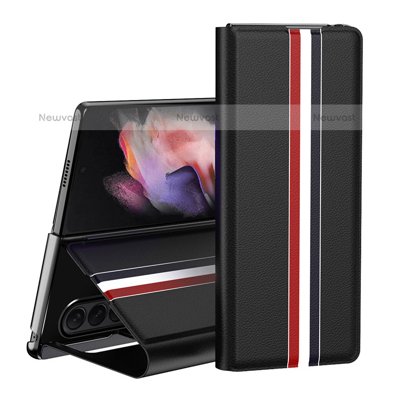 Luxury Leather Matte Finish and Plastic Back Cover Case H02 for Samsung Galaxy Z Fold3 5G Black