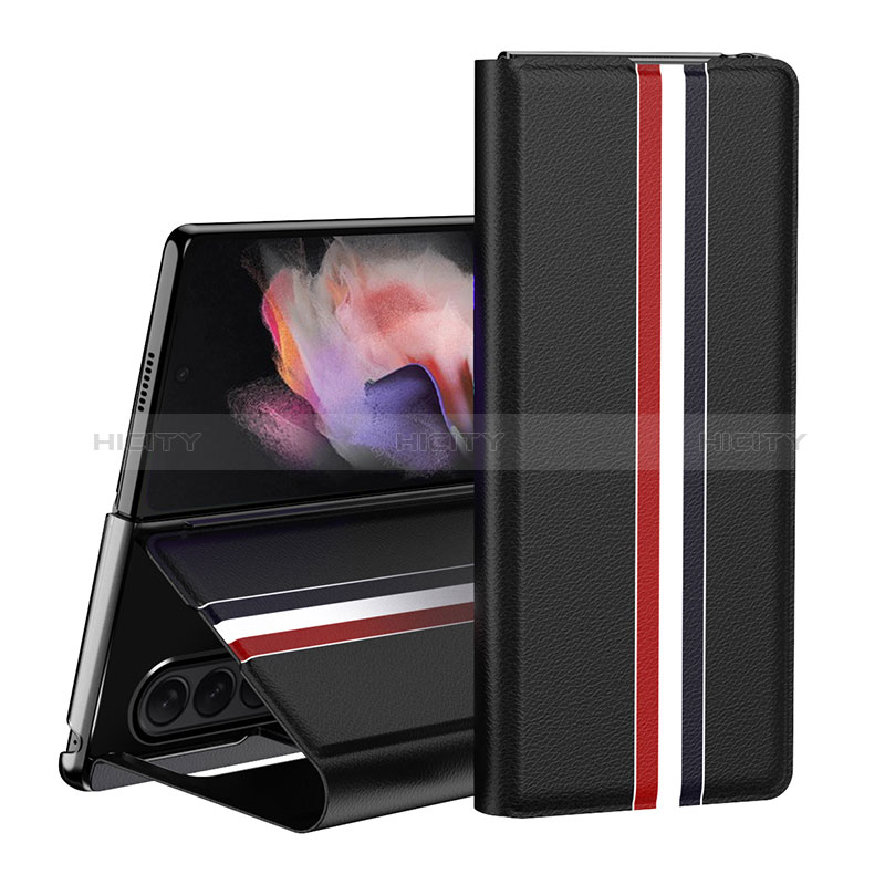 Luxury Leather Matte Finish and Plastic Back Cover Case H02 for Samsung Galaxy Z Fold4 5G Black